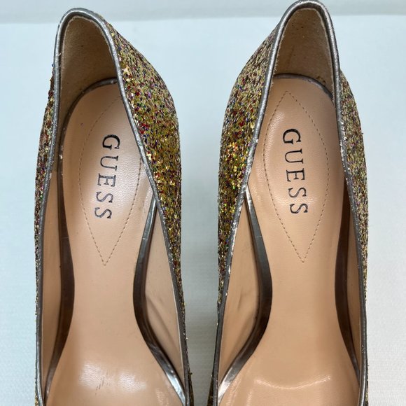 Guess Glitter Multicolor Gold Peep Toe Platform Heels Holiday Women's Size 9M - Picture 10 of 16